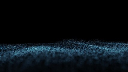 Wall Mural - abstract blue wavy dot particles flying on clean black looping background.