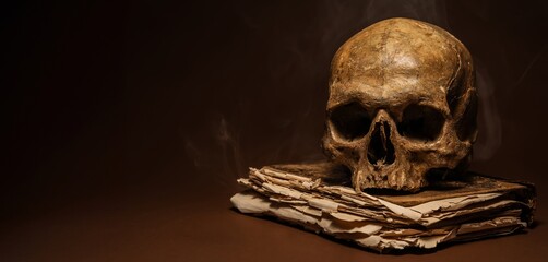 Wall Mural - Human skull with old book on dark brown background with space for text