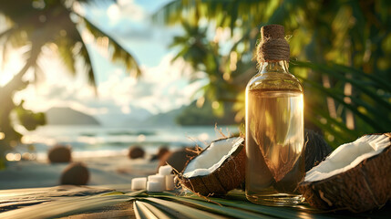 Bottle of coconut oil is set against a vibrant tropical scene