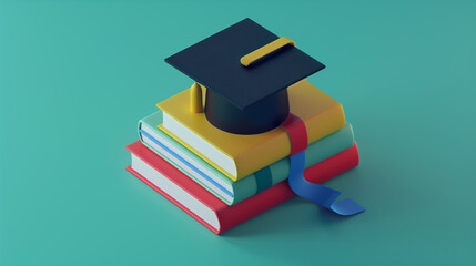 Wall Mural - A stack of books with a purple hat on top. The hat is a graduation cap. The books are colorful and arranged in a pyramid shape. Concept of education and achievement