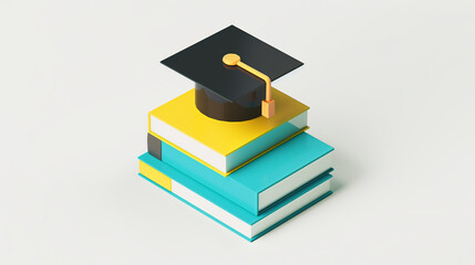 Wall Mural - A stack of books with a purple hat on top. The hat is a graduation cap. The books are colorful and arranged in a pyramid shape. Concept of education and achievement