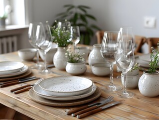 Minimalist Tableware Arrangement on Wooden Table in Airy Natural Lighting