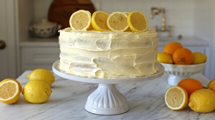 Wall Mural -   A tight shot of a cake on a table, adorned with lemons and oranges nearby