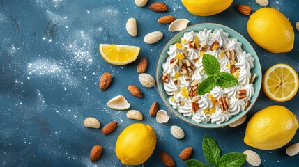 Wall Mural -   A bowl of pasta on a blue surface, topped with nuts, sliced lemons, and fresh mint Surrounding the dish are additional nuts and lemons (3