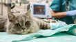 A  fluffy cat with a blue cloth on its neck is lying on a hospital bed before surgery. Pet health, care, veterinary care and animal rescue, animal's rehabilitation