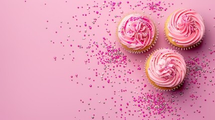 Poster -   Three cupcakes feature pink frosting and pink and silver sprinkles against a pink backdrop