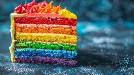 Poster -   A tight shot of a cake slice boasting rainbow-hued frosting and icing