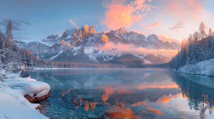Winter's Glacial Symphony: Reflective Beauty at Snowy Mountain Lake
