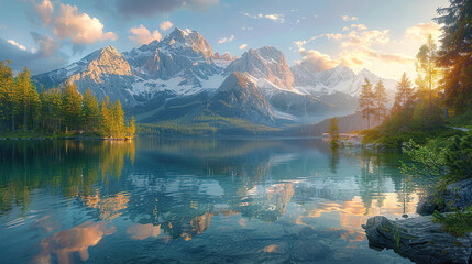 Winter's Glacial Symphony: Reflective Beauty at Snowy Mountain Lake