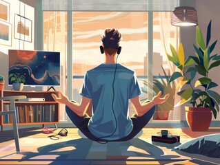 Wall Mural - Mindfulness and relaxation feed into mental wellbeing so think about showing men doing mediation, listening to music, relaxing at home. 