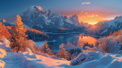 Winter's Glacial Symphony: Reflective Beauty at Snowy Mountain Lake