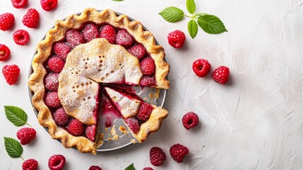 Wall Mural -   A pie with a missing slice, garnished with raspberries and mint leaves on a pristine white surface