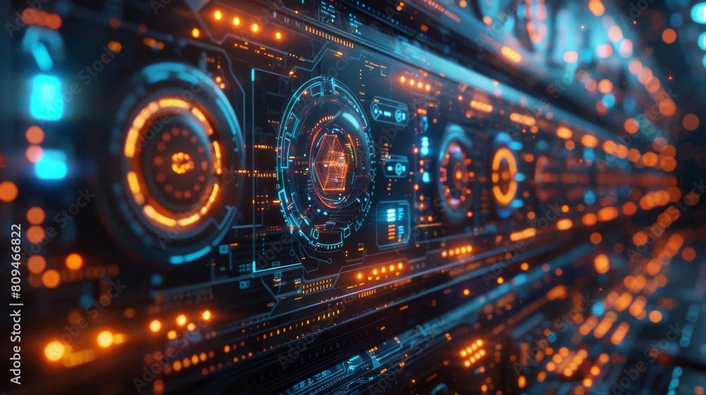 sleek, futuristic cybersecurity interface in a sci-fi style, featuring quantum computing elements like holographic projections