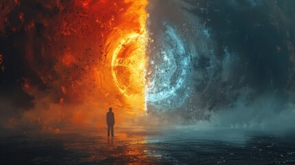 Wall Mural - split-scene contrasting traditional cryptography with quantum cryptography in a dramatic, illustrati