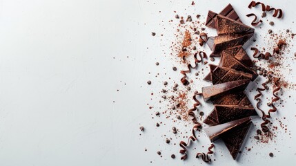 Poster -   A pristine white tabletop features a single morsel of chocolate, surrounded by shavings and flakes