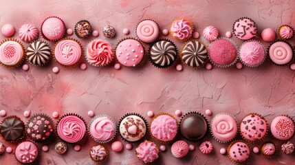 Wall Mural -   A collection of pink and brown cupcakes against a pink backdrop, adorned with pink frosting and colorful sprinkles