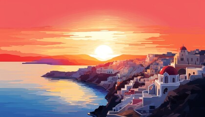 Santorini island, Greece. Amazing sunset over the caldera.