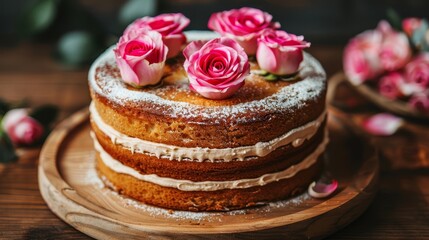 Wall Mural -   A tight shot of a cake on a wooden platter, adorned with pink frosting and flowers