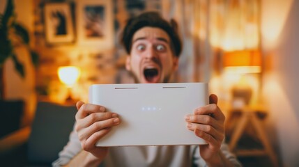 A person holding a router box with excited anticipation, ready to set up their new internet connection.