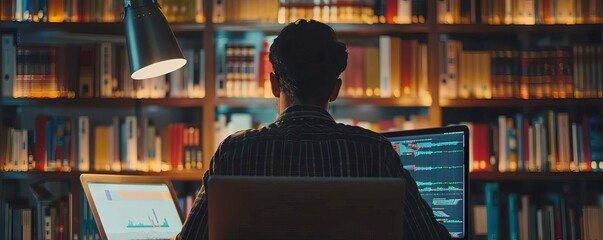 A finance professional using machine learning software to predict market trends, coding on a laptop surrounded by financial books