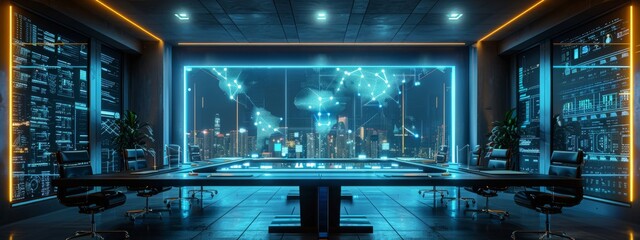 Wall Mural - cybersecurity strategy meeting in a high-tech office, styled as minimal and corporate