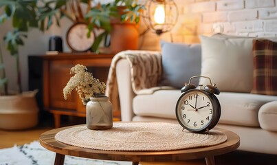 Wall Mural - Boho interior design of modern living room, home. Close up of alarm clock on round wooden table near sofa.