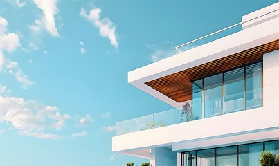 Close up of luxury house, white villa with balcony, terrace over blue sky. Minimalist architecture background with copy space.