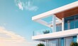 © Lucky Ai - Close up of luxury house, white villa with balcony, terrace over blue sky. Minimalist architecture background with copy space.