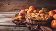 Pfirsichkuchen auf dem Küchentisch / Obstkuchen Wallpaper / Pfirsichkuchen Poster / Ai-Ki generiert