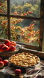 Frischer Apfelkuchen vor dem Küchenfenster / Backen Wallpaper / Obstkuchen Illustration / Apfelkuchen Poster / Ai-Ki generiert