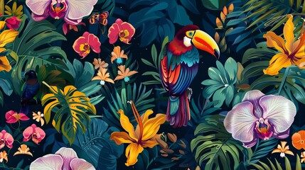 Wall Mural - Fashionable night style jungle pattern featuring tropical animal birds, orchid flowers, and plants is presented in this seamless vector background.