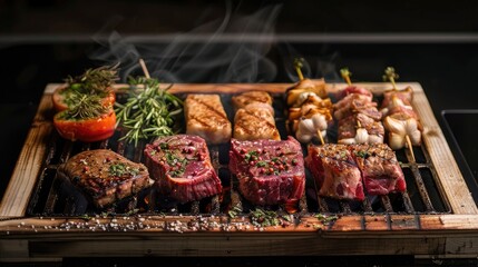 Wall Mural - Meat placed on a wooden grill with varying temperatures