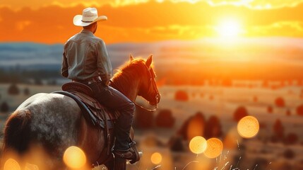 Afro cowboy on horseback, sunset over prairie, classic Western outfit, widebrimmed hat