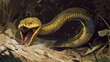 This illustration portrays a king cobra snake with its hood out, appearing to be about to strike.