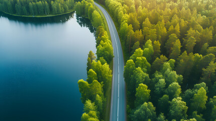 Wall Mural - Aerial top view of country road in green summer forest and blue lake. Rural landscape in Finland. 3Dl illustration