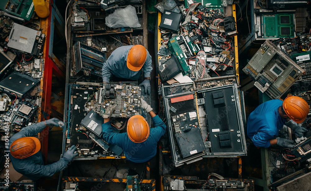 Electronic waste sorting center. Focus on workers disassembling parts ...