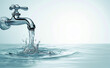 Single water-saving faucet dripping into a clear, serene pool of water, set against a plain, light-colored background.