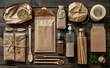 Products with eco-friendly packaging, arranged on a simple, natural wood background.