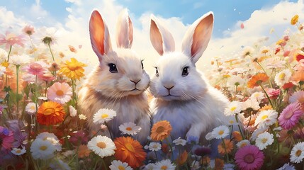 Image of two fluffy rabbits sitting side by side in a lush green meadow.