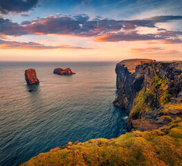 Wall Mural - Great morning view of Dyrholaey arch. Majestic summer sunset in Dyrholaey Nature Reserv, south coast of Iceland, Europe. Beauty of nature concept background.