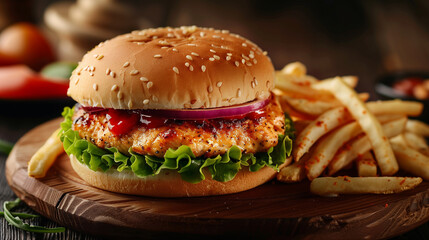 fresh and juicy chicken burger with French fries on the wooden table, fast food advertising 