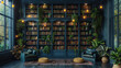 Dark black wall with bookshelves decorated in greenery, lots of plants, books on shelves. Created with Ai