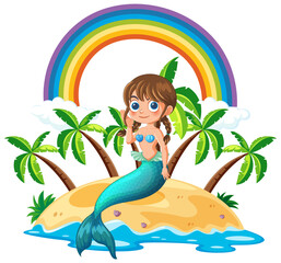 Wall Mural - Cartoon mermaid sitting on sand under a rainbow