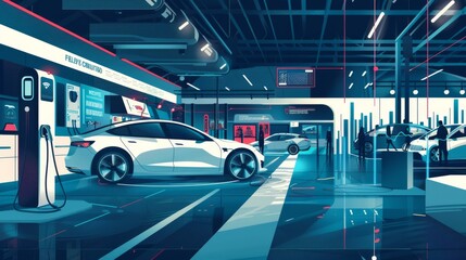 Wall Mural - Illustrate an expo scene showcasing various EV technologies, centering on a display of a regenerative braking system