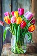Vibrant Tulip Bouquet in Glass Vase Captured on a Sunny Spring Day