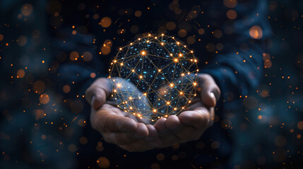 Businessman hand holding global network, futuristic technology background, Global business, internet network connection, IoT Internet of Things, business intelligence concept