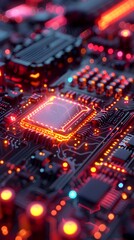 Sticker - Highly Detailed and Vibrant Digital Rendering of Futuristic Circuit Board with Glowing Geometric Structures and Experimental Materials