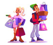 Male and female mall buyer characters with shopping bags and boxes. Cartoon vector illustration set of man and woman purchase products and gifts in shop. Market customer holding paper packages.