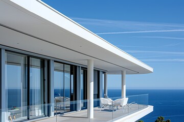 Luxurious white villa close up exudes refined elegance and architectural beauty in stunning setting