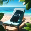 Smartphone Charging on Beach Chair with Tropical Background